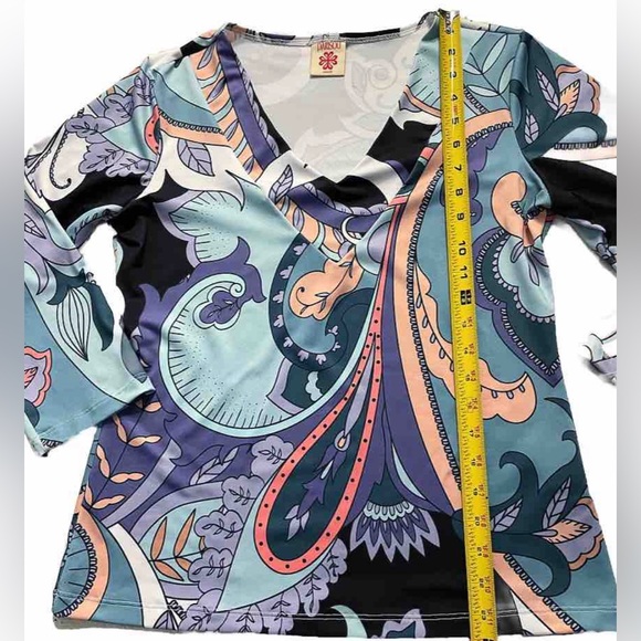 Parisou Top Small Made in USA Retro Mod Paisley Multicolor Long Sleeve V Neck - Picture 7 of 8
